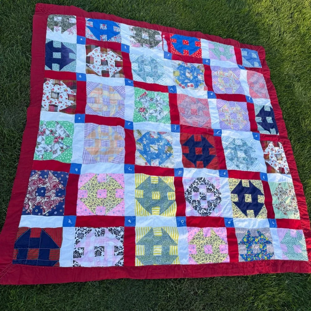 B+ Handmade Patchwork Quilt Churn Dash Scrap Floral Red Blue White 66x65 Vintage
